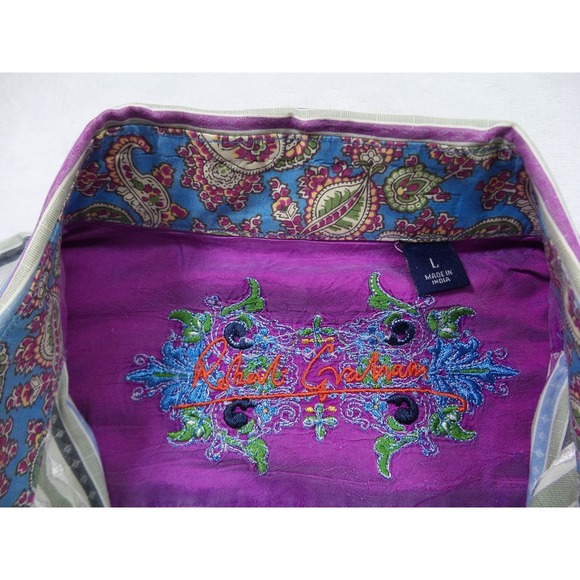 Robert Graham Shirt Mens Large Striped Long Sleeve Button Up Silk Trim Designer - Picture 13 of 14